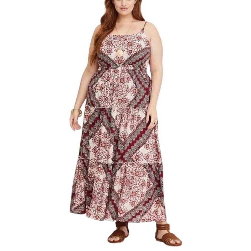 Torrid Maxi Challis Tiered Dress Size 2 Red Cream Scarf Print Boho Hippie Beach
